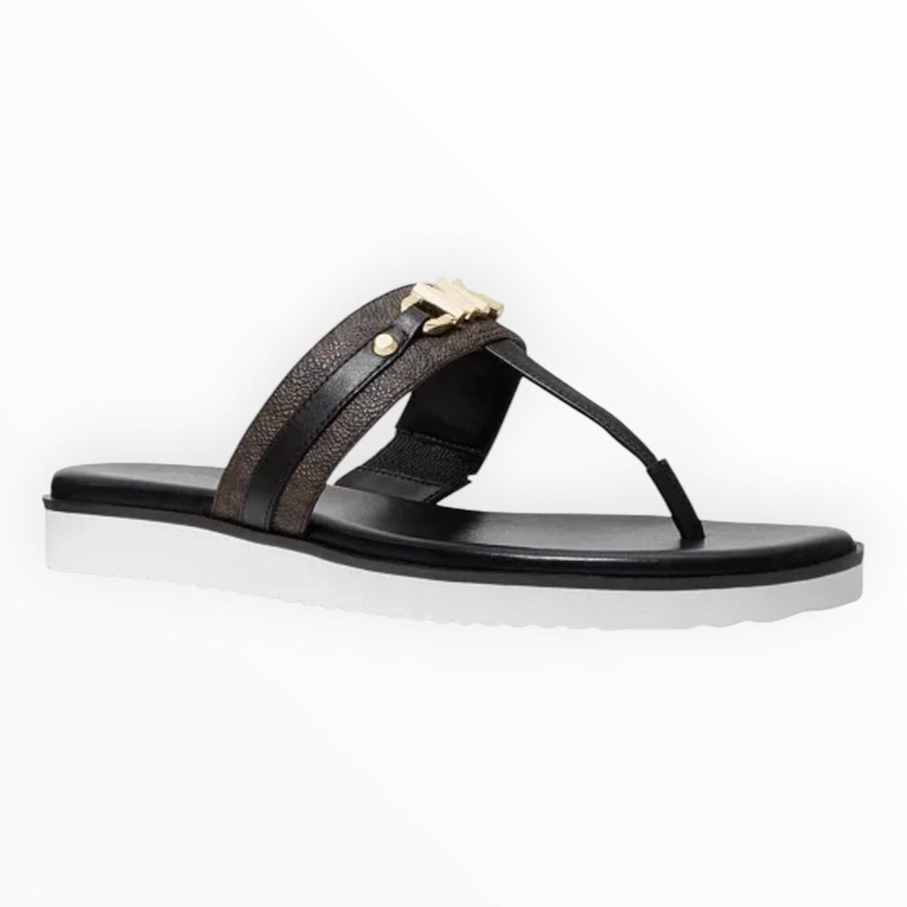 Michael Kors Farrah Signature Logo Thong Sandals Black Brown NIB Sz 11M